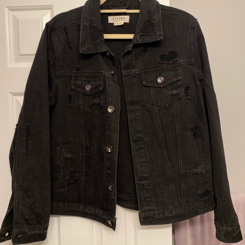 Distressed oversized black denim jacket